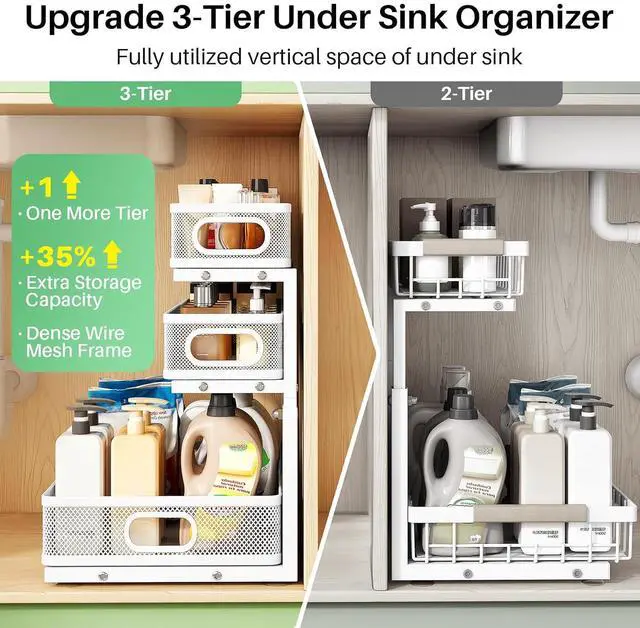 Alt view image 3 of 7 - Kitstorack Under Sink Organizer, 1-Pack 3-Tier Height Adjustable Thickened Metal Pull out Cabinet Organizer Shelf, Slide out Storage Drawer Rack for Bathroom Kitchen Pantry Home Laundry Organization