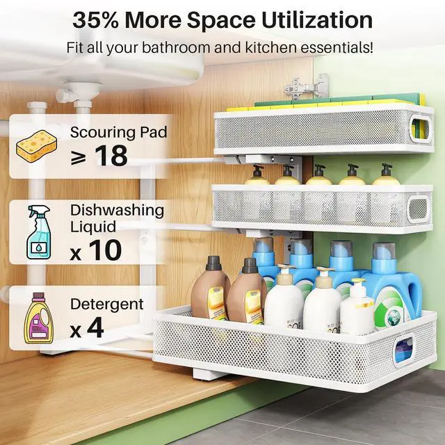Alt view image 6 of 7 - Kitstorack Under Sink Organizer, 1-Pack 3-Tier Height Adjustable Thickened Metal Pull out Cabinet Organizer Shelf, Slide out Storage Drawer Rack for Bathroom Kitchen Pantry Home Laundry Organization