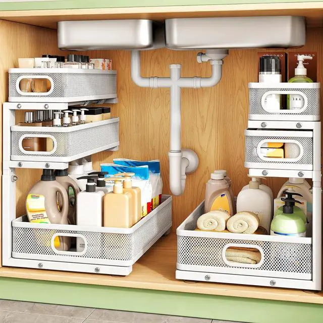 Alt view image 2 of 7 - Kitstorack Under Sink Organizer, 1-Pack 3-Tier Height Adjustable Thickened Metal Pull out Cabinet Organizer Shelf, Slide out Storage Drawer Rack for Bathroom Kitchen Pantry Home Laundry Organization