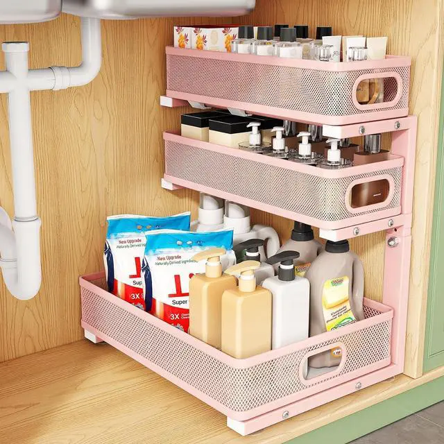 Main image of Kitstorack Under Sink Organizer, 1-Pack 3-Tier Height Adjustable Thickened Metal Pull out Cabinet Organizer Shelf, Slide out Storage Drawer Rack for Bathroom Kitchen Pantry Home Organization, Pink