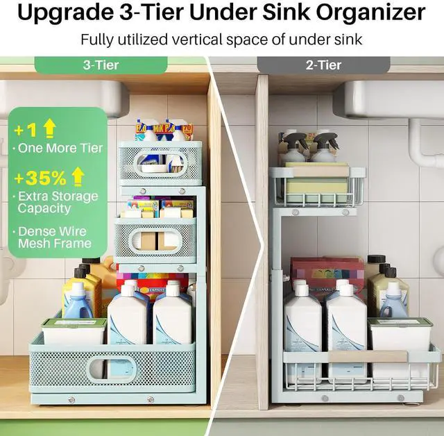 Alt view image 3 of 7 - Under Sink Organizer, 2-Pack 3-Tier Height Adjustable Thickened Metal Pull out Cabinet Organizer Shelf, Slide out Storage Drawer Rack for Bathroom Kitchen Pantry Home Organization, LightBlue