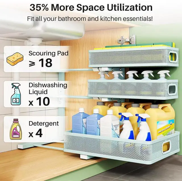 Alt view image 4 of 7 - Under Sink Organizer, 2-Pack 3-Tier Height Adjustable Thickened Metal Pull out Cabinet Organizer Shelf, Slide out Storage Drawer Rack for Bathroom Kitchen Pantry Home Organization, LightBlue