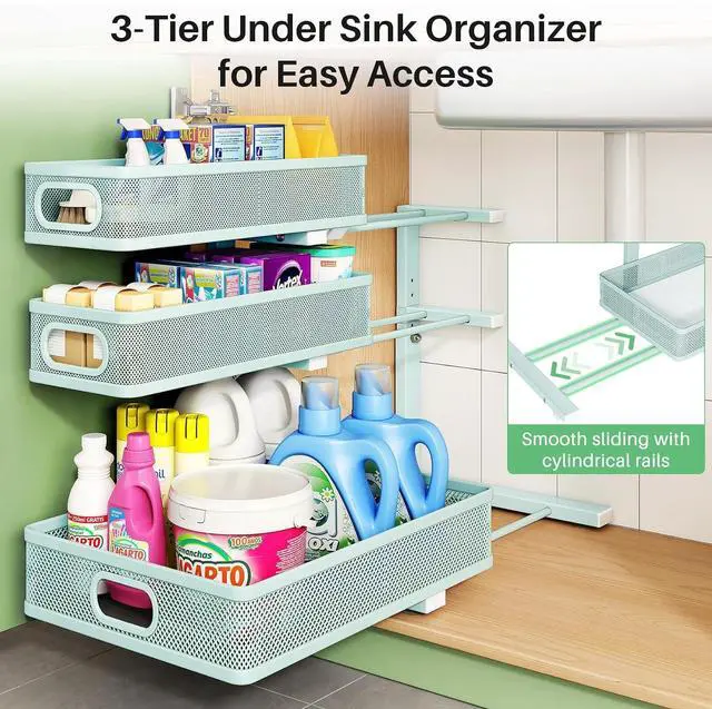 Alt view image 5 of 7 - Under Sink Organizer, 2-Pack 3-Tier Height Adjustable Thickened Metal Pull out Cabinet Organizer Shelf, Slide out Storage Drawer Rack for Bathroom Kitchen Pantry Home Organization, LightBlue