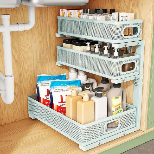 Main image of Under Sink Organizer, 1-Pack 3-Tier Height Adjustable Thickened Metal Pull out Cabinet Organizer Shelf, Slide out Storage Drawer Rack for Bathroom Kitchen Pantry Home Organization, LightBlue
