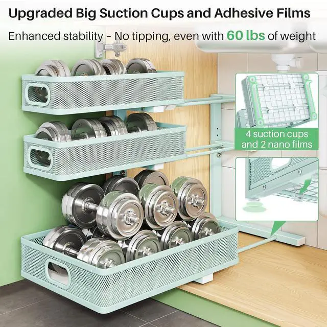 Alt view image 7 of 7 - Under Sink Organizer, 2-Pack 3-Tier Height Adjustable Thickened Metal Pull out Cabinet Organizer Shelf, Slide out Storage Drawer Rack for Bathroom Kitchen Pantry Home Organization, LightBlue