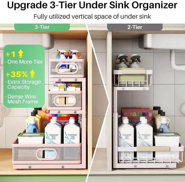 Alt view image 3 of 7 - Kitstorack Under Sink Organizer, 1-Pack 3-Tier Height Adjustable Thickened Metal Pull out Cabinet Organizer Shelf, Slide out Storage Drawer Rack for Bathroom Kitchen Pantry Home Organization, Pink