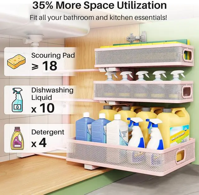 Alt view image 4 of 7 - Kitstorack Under Sink Organizer, 1-Pack 3-Tier Height Adjustable Thickened Metal Pull out Cabinet Organizer Shelf, Slide out Storage Drawer Rack for Bathroom Kitchen Pantry Home Organization, Pink