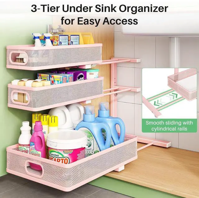 Alt view image 5 of 7 - Kitstorack Under Sink Organizer, 1-Pack 3-Tier Height Adjustable Thickened Metal Pull out Cabinet Organizer Shelf, Slide out Storage Drawer Rack for Bathroom Kitchen Pantry Home Organization, Pink