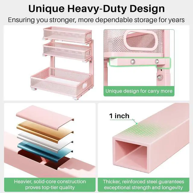 Alt view image 6 of 7 - Kitstorack Under Sink Organizer, 1-Pack 3-Tier Height Adjustable Thickened Metal Pull out Cabinet Organizer Shelf, Slide out Storage Drawer Rack for Bathroom Kitchen Pantry Home Organization, Pink