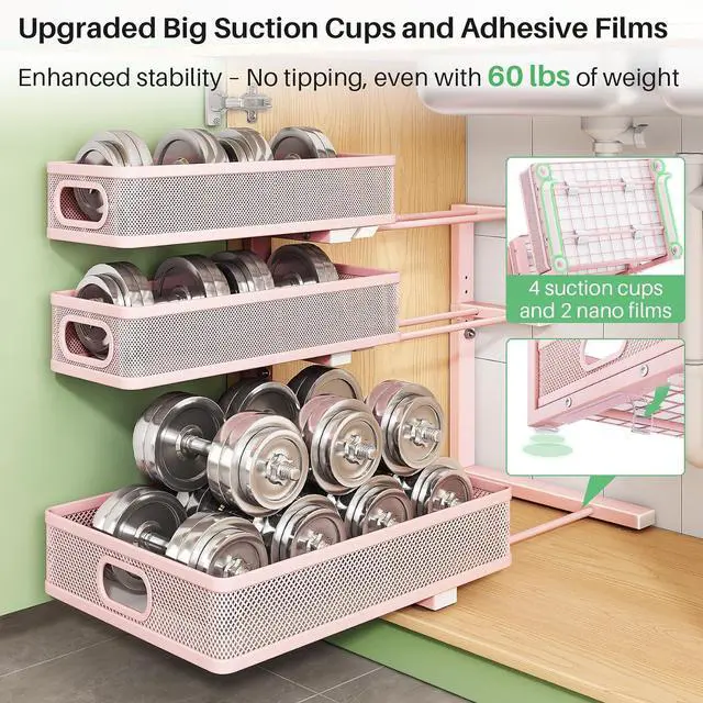 Alt view image 7 of 7 - Kitstorack Under Sink Organizer, 1-Pack 3-Tier Height Adjustable Thickened Metal Pull out Cabinet Organizer Shelf, Slide out Storage Drawer Rack for Bathroom Kitchen Pantry Home Organization, Pink