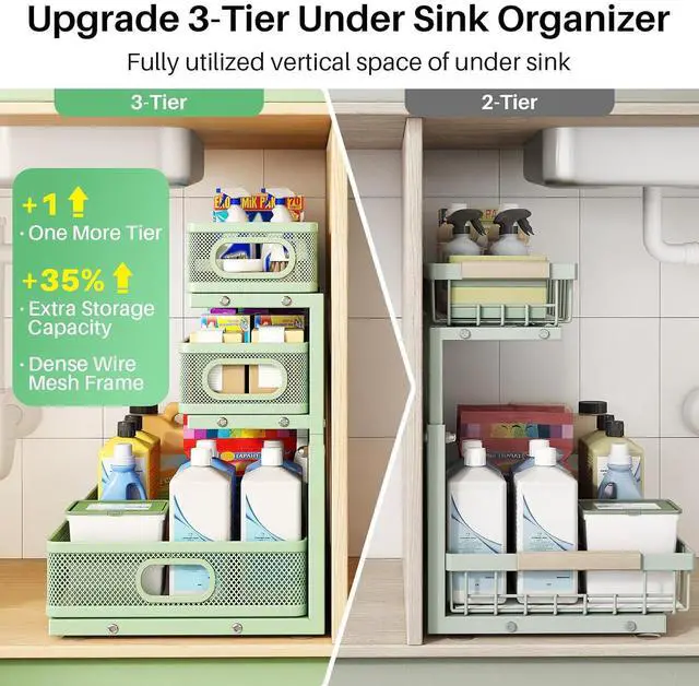 Alt view image 3 of 7 - Kitstorack Under Sink Organizer, 1-Pack 3-Tier Height Adjustable Thickened Metal Pull out Cabinet Organizer Shelf, Slide out Storage Drawer Rack for Bathroom Kitchen Pantry Home Organization, Green