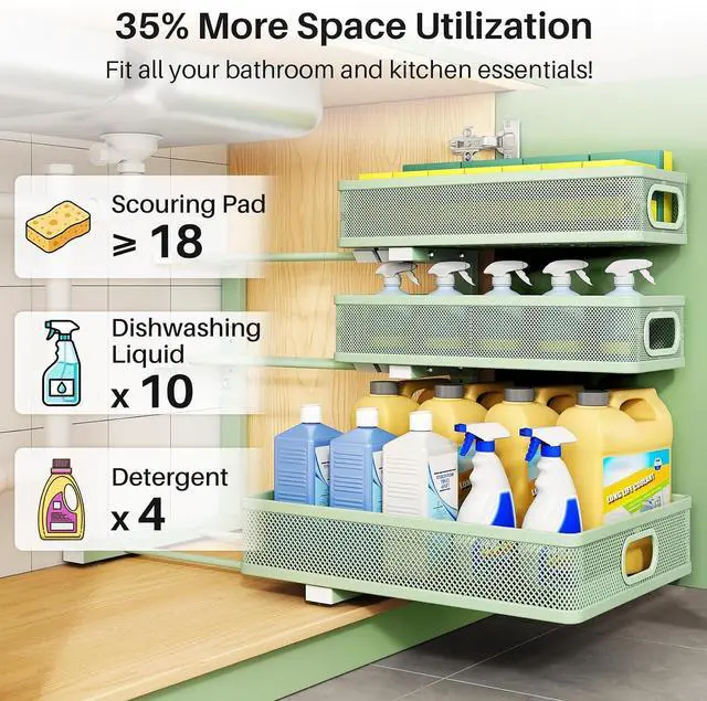Alt view image 4 of 7 - Kitstorack Under Sink Organizer, 1-Pack 3-Tier Height Adjustable Thickened Metal Pull out Cabinet Organizer Shelf, Slide out Storage Drawer Rack for Bathroom Kitchen Pantry Home Organization, Green