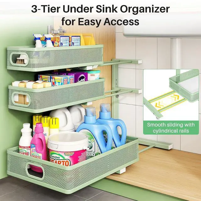 Alt view image 5 of 7 - Kitstorack Under Sink Organizer, 1-Pack 3-Tier Height Adjustable Thickened Metal Pull out Cabinet Organizer Shelf, Slide out Storage Drawer Rack for Bathroom Kitchen Pantry Home Organization, Green