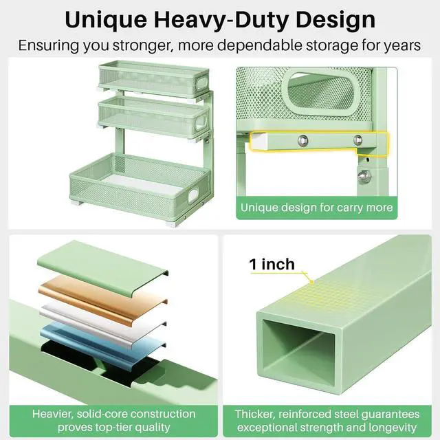 Alt view image 6 of 7 - Kitstorack Under Sink Organizer, 1-Pack 3-Tier Height Adjustable Thickened Metal Pull out Cabinet Organizer Shelf, Slide out Storage Drawer Rack for Bathroom Kitchen Pantry Home Organization, Green