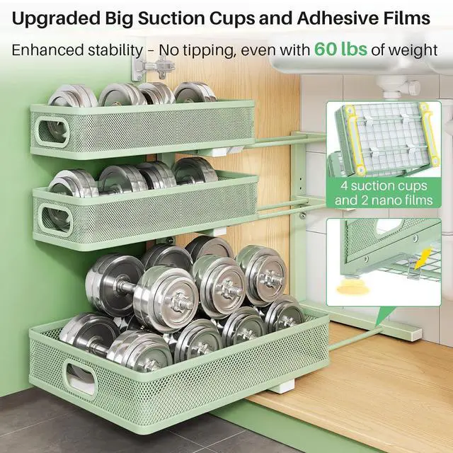 Alt view image 7 of 7 - Kitstorack Under Sink Organizer, 1-Pack 3-Tier Height Adjustable Thickened Metal Pull out Cabinet Organizer Shelf, Slide out Storage Drawer Rack for Bathroom Kitchen Pantry Home Organization, Green