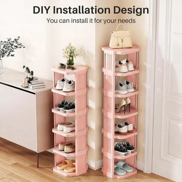 Alt view image 3 of 7 - Kitstorack 10-Tier Vertical Plastic Shoe Rack, Freestanding Stackable Shoe Storage Organizer Cubes Shoe Shelf Tower or Small Closets and Tight Spaces, Pink