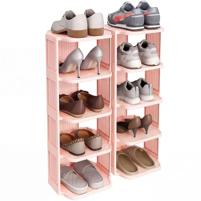 Main image of Kitstorack 10-Tier Vertical Plastic Shoe Rack, Freestanding Stackable Shoe Storage Organizer Cubes Shoe Shelf Tower or Small Closets and Tight Spaces, Pink