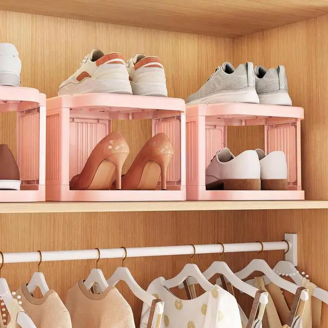 Alt view image 2 of 7 - Kitstorack 10-Tier Vertical Plastic Shoe Rack, Freestanding Stackable Shoe Storage Organizer Cubes Shoe Shelf Tower or Small Closets and Tight Spaces, Pink