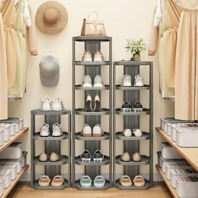 Alt view image 2 of 7 - Kitstorack 10-Tier Vertical Plastic Shoe Rack, Freestanding Stackable Shoe Storage Organizer Cubes Shoe Shelf Tower or Small Closets and Tight Spaces, Gray