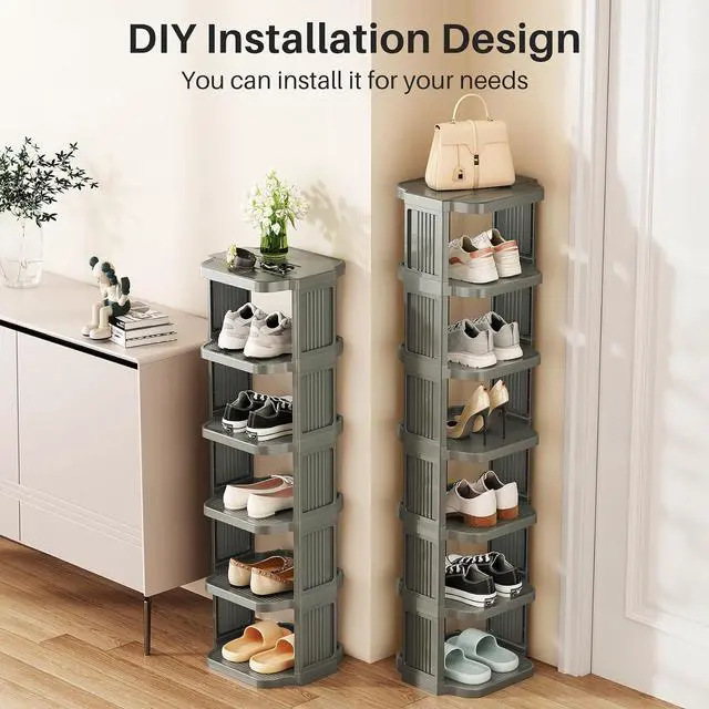 Alt view image 3 of 7 - Kitstorack 10-Tier Vertical Plastic Shoe Rack, Freestanding Stackable Shoe Storage Organizer Cubes Shoe Shelf Tower or Small Closets and Tight Spaces, Gray