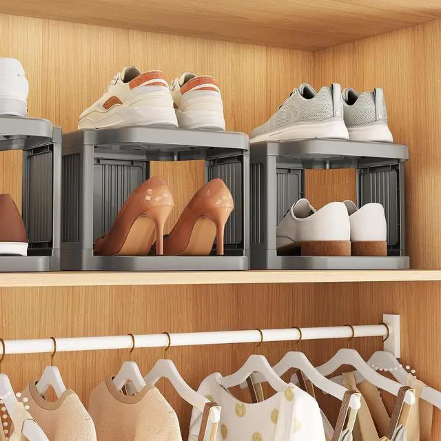 Alt view image 4 of 7 - Kitstorack 10-Tier Vertical Plastic Shoe Rack, Freestanding Stackable Shoe Storage Organizer Cubes Shoe Shelf Tower or Small Closets and Tight Spaces, Gray