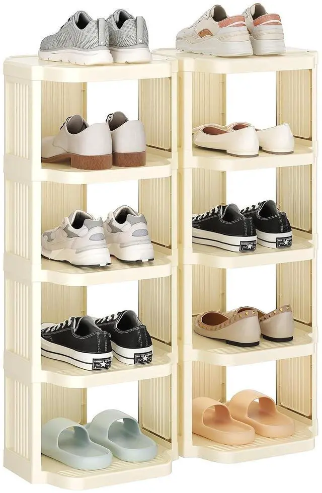 Main image of Kitstorack 10 Tiers Stackable Shoe Rack for Closet and Front Door Entrance - Free Standing Plastic Stand, Narrow Tall Vertical Organizer for Small Spaces Storage, White