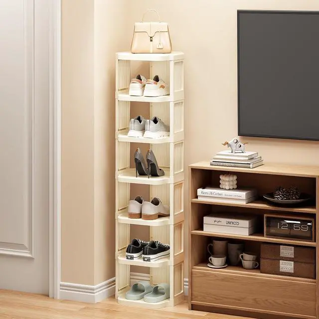 Alt view image 2 of 7 - Kitstorack 10 Tiers Stackable Shoe Rack for Closet and Front Door Entrance - Free Standing Plastic Stand, Narrow Tall Vertical Organizer for Small Spaces Storage, White