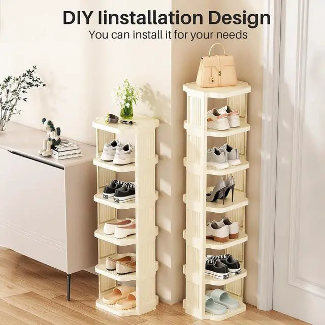 Alt view image 6 of 7 - Kitstorack 10 Tiers Stackable Shoe Rack for Closet and Front Door Entrance - Free Standing Plastic Stand, Narrow Tall Vertical Organizer for Small Spaces Storage, White
