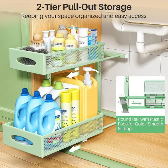 Alt view image 3 of 7 - Under Sink Organizer, 2 Tier Pull out Cabinet Organizer Baskets with Mesh Sliding Drawers, Slide out Storage Shelf for Home, Kitchen, Bathroom, Pantry, Office Cabinet(1 Pack, Green)