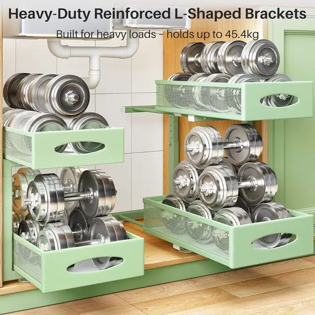 Alt view image 5 of 7 - Under Sink Organizer, 2 Tier Pull out Cabinet Organizer Baskets with Mesh Sliding Drawers, Slide out Storage Shelf for Home, Kitchen, Bathroom, Pantry, Office Cabinet(1 Pack, Green)