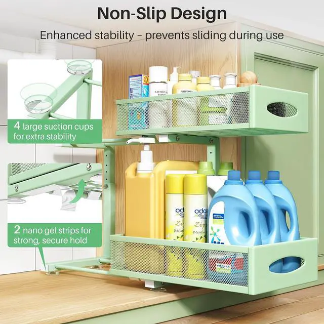 Alt view image 6 of 7 - Under Sink Organizer, 2 Tier Pull out Cabinet Organizer Baskets with Mesh Sliding Drawers, Slide out Storage Shelf for Home, Kitchen, Bathroom, Pantry, Office Cabinet(1 Pack, Green)