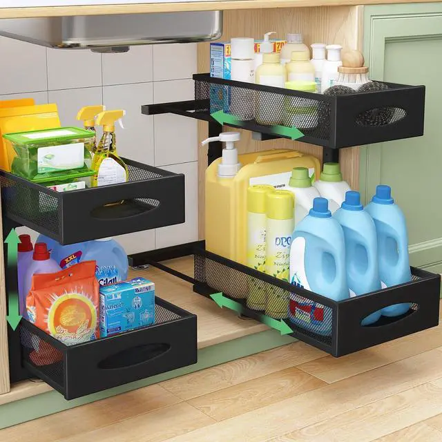 Main image of Under Sink Organizer, 2 Pack 2 Tier Pull out Cabinet Organizer Baskets with Mesh Sliding Drawers, Slide out Sink Storage Shelves for Home, Kitchen, Bathroom, Pantry, Office Organizers and Storag,Black