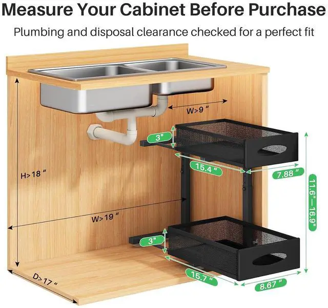 Alt view image 2 of 7 - Under Sink Organizer, 2 Pack 2 Tier Pull out Cabinet Organizer Baskets with Mesh Sliding Drawers, Slide out Sink Storage Shelves for Home, Kitchen, Bathroom, Pantry, Office Organizers and Storag,Black