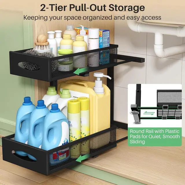 Alt view image 3 of 7 - Under Sink Organizer, 2 Pack 2 Tier Pull out Cabinet Organizer Baskets with Mesh Sliding Drawers, Slide out Sink Storage Shelves for Home, Kitchen, Bathroom, Pantry, Office Organizers and Storag,Black
