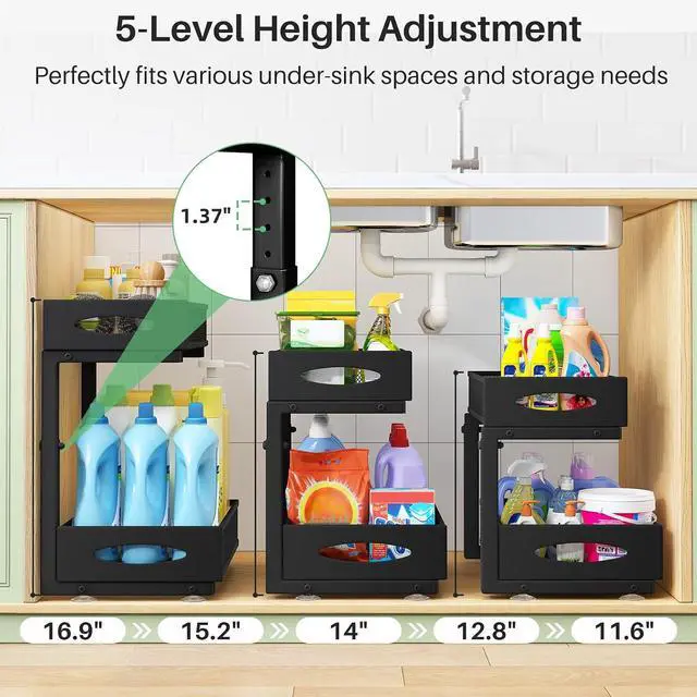 Alt view image 4 of 7 - Under Sink Organizer, 2 Pack 2 Tier Pull out Cabinet Organizer Baskets with Mesh Sliding Drawers, Slide out Sink Storage Shelves for Home, Kitchen, Bathroom, Pantry, Office Organizers and Storag,Black