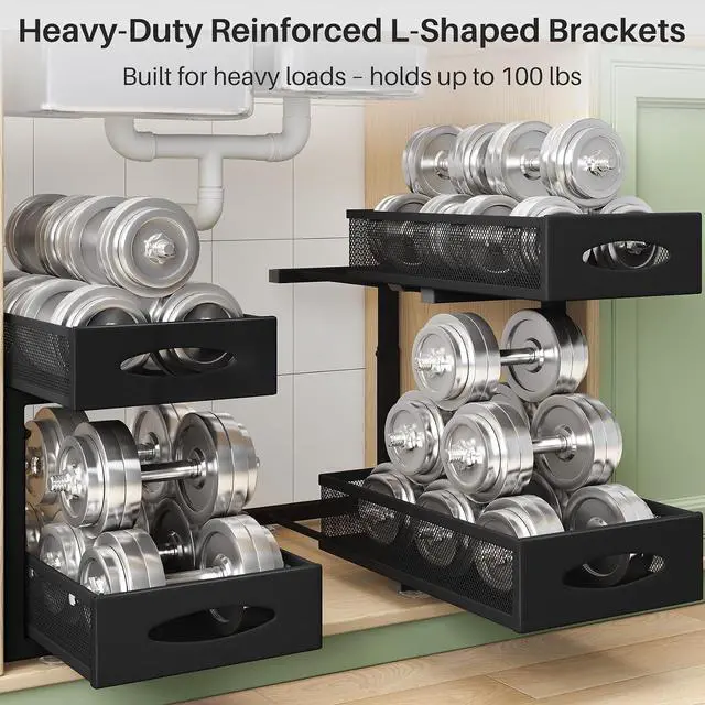Alt view image 5 of 7 - Under Sink Organizer, 2 Pack 2 Tier Pull out Cabinet Organizer Baskets with Mesh Sliding Drawers, Slide out Sink Storage Shelves for Home, Kitchen, Bathroom, Pantry, Office Organizers and Storag,Black