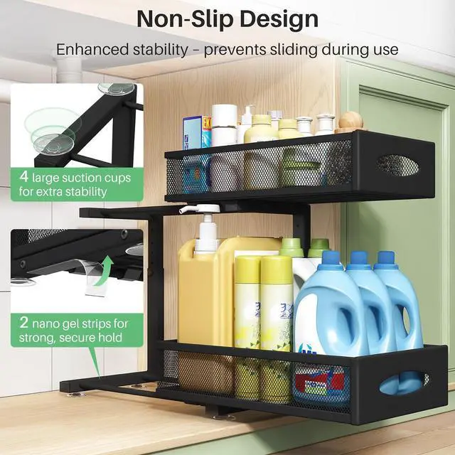 Alt view image 6 of 7 - Under Sink Organizer, 2 Pack 2 Tier Pull out Cabinet Organizer Baskets with Mesh Sliding Drawers, Slide out Sink Storage Shelves for Home, Kitchen, Bathroom, Pantry, Office Organizers and Storag,Black