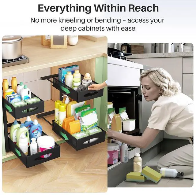 Alt view image 7 of 7 - Under Sink Organizer, 2 Pack 2 Tier Pull out Cabinet Organizer Baskets with Mesh Sliding Drawers, Slide out Sink Storage Shelves for Home, Kitchen, Bathroom, Pantry, Office Organizers and Storag,Black