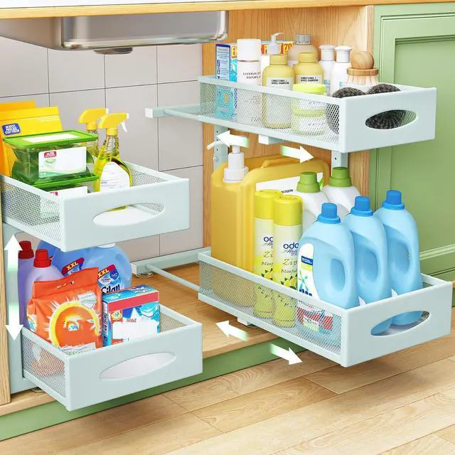 Main image of Under Sink Organizer, 2 Tier Pull out Cabinet Organizer Baskets with Mesh Sliding Drawers, Slide out Storage Shelf for Home, Kitchen, Bathroom, Pantry, Office Cabinet(1 Pack, Blue)