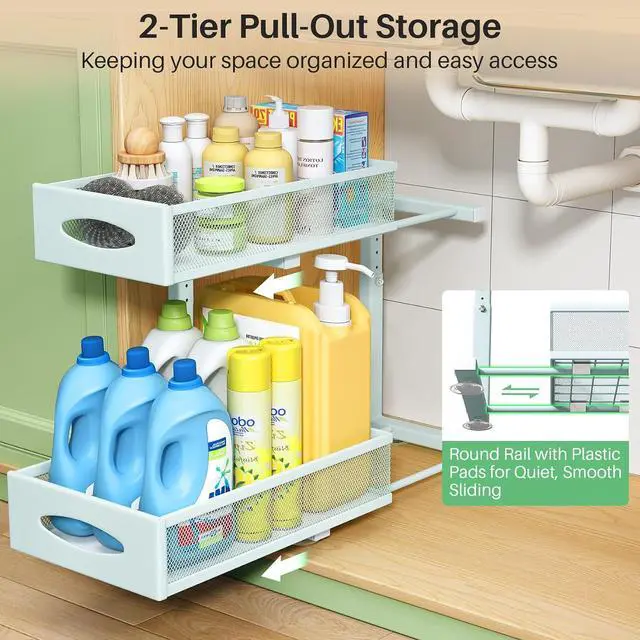 Alt view image 3 of 7 - Under Sink Organizer, 2 Tier Pull out Cabinet Organizer Baskets with Mesh Sliding Drawers, Slide out Storage Shelf for Home, Kitchen, Bathroom, Pantry, Office Cabinet(1 Pack, Blue)