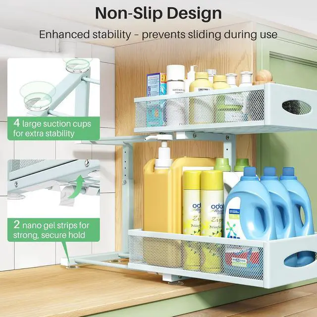 Alt view image 6 of 7 - Under Sink Organizer, 2 Tier Pull out Cabinet Organizer Baskets with Mesh Sliding Drawers, Slide out Storage Shelf for Home, Kitchen, Bathroom, Pantry, Office Cabinet(1 Pack, Blue)
