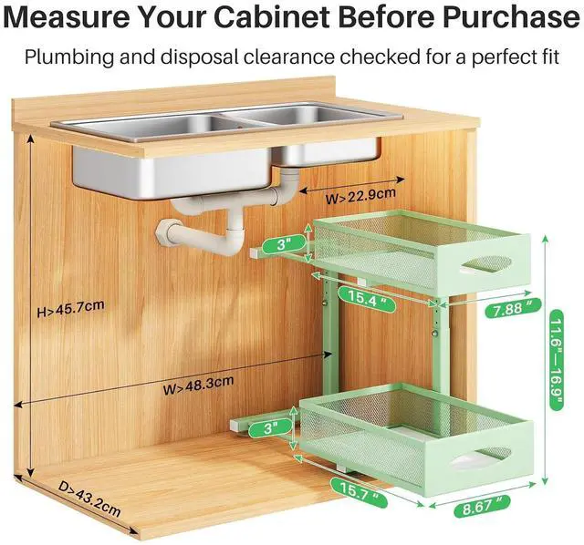 Alt view image 2 of 7 - Under Sink Organizer, 2 Tier Pull out Cabinet Organizer Baskets with Mesh Sliding Drawers, Slide out Storage Shelf for Home, Kitchen, Bathroom, Pantry, Office Cabinet(1 Pack, Green)