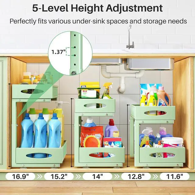 Alt view image 4 of 7 - Under Sink Organizer, 2 Tier Pull out Cabinet Organizer Baskets with Mesh Sliding Drawers, Slide out Storage Shelf for Home, Kitchen, Bathroom, Pantry, Office Cabinet(1 Pack, Green)