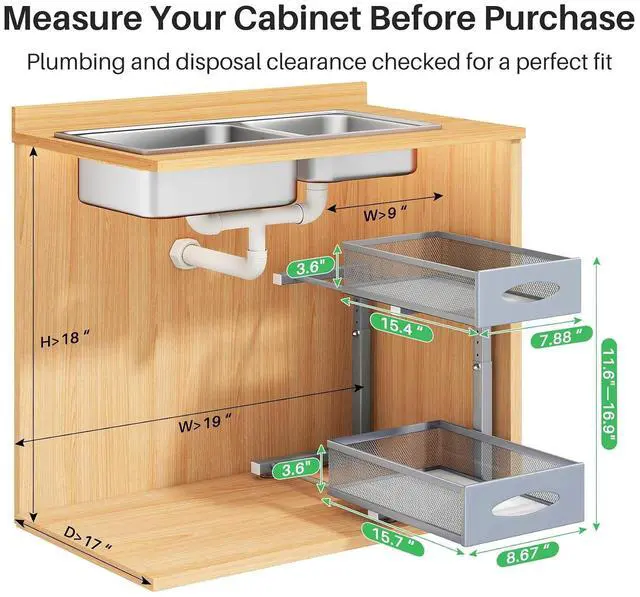 Alt view image 2 of 7 - 2 Pack Under Sink Organizer, 2 Tier Pull out Cabinet Organizer Mesh Baskets with 5 Adjustable Heights, Sliding Drawers Storage Shelf for Home, Kitchen, Bathroom, Pantry, Office, Countertop ,Grey