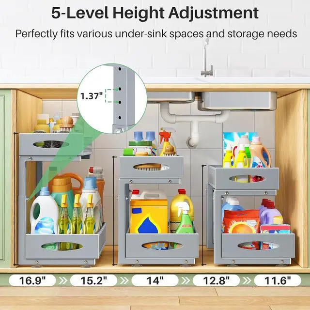 Alt view image 4 of 7 - 2 Pack Under Sink Organizer, 2 Tier Pull out Cabinet Organizer Mesh Baskets with 5 Adjustable Heights, Sliding Drawers Storage Shelf for Home, Kitchen, Bathroom, Pantry, Office, Countertop ,Grey