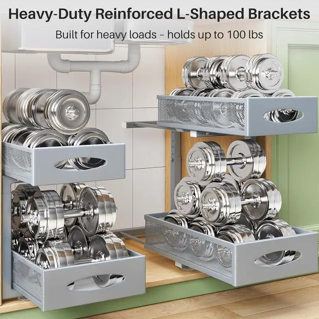 Alt view image 5 of 7 - 2 Pack Under Sink Organizer, 2 Tier Pull out Cabinet Organizer Mesh Baskets with 5 Adjustable Heights, Sliding Drawers Storage Shelf for Home, Kitchen, Bathroom, Pantry, Office, Countertop ,Grey