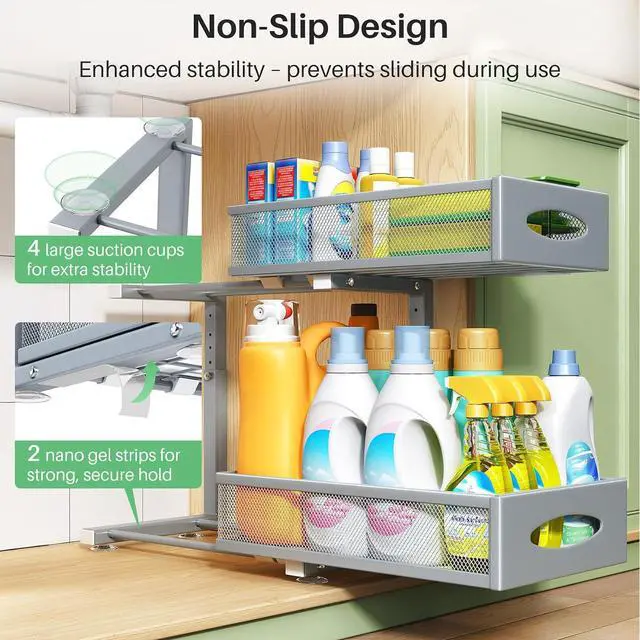 Alt view image 6 of 7 - 2 Pack Under Sink Organizer, 2 Tier Pull out Cabinet Organizer Mesh Baskets with 5 Adjustable Heights, Sliding Drawers Storage Shelf for Home, Kitchen, Bathroom, Pantry, Office, Countertop ,Grey