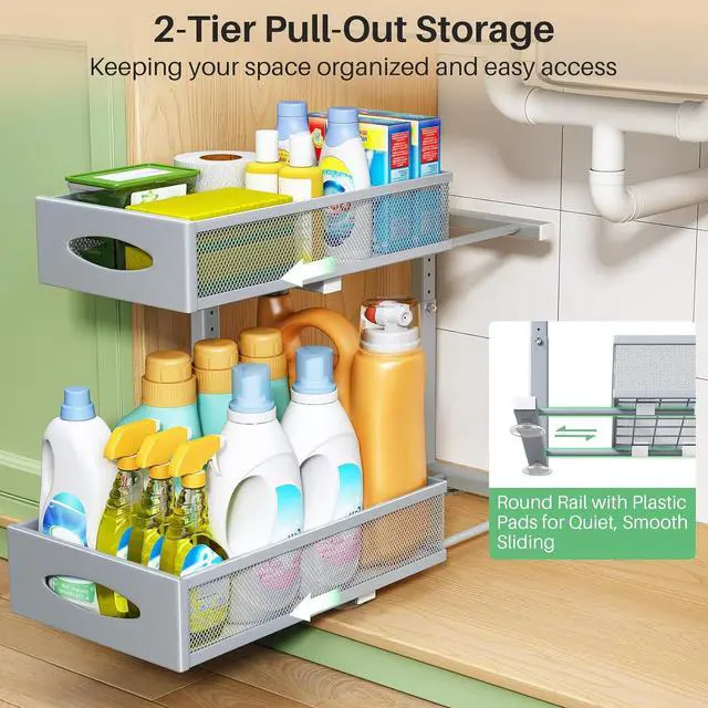 Alt view image 3 of 7 - 2 Pack Under Sink Organizer, 2 Tier Pull out Cabinet Organizer Mesh Baskets with 5 Adjustable Heights, Sliding Drawers Storage Shelf for Home, Kitchen, Bathroom, Pantry, Office, Countertop ,Grey