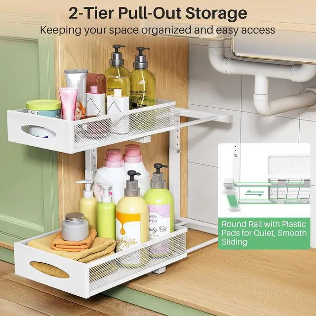 Alt view image 3 of 7 - Under Sink Organizer, 2 Pack 2 Tier Pull out Cabinet Organizer Baskets with Mesh Sliding Drawers, Slide out Sink Storage Shelves for Kitchen, Bathroom, Pantry, Cabinet Organizers and Storage(White)