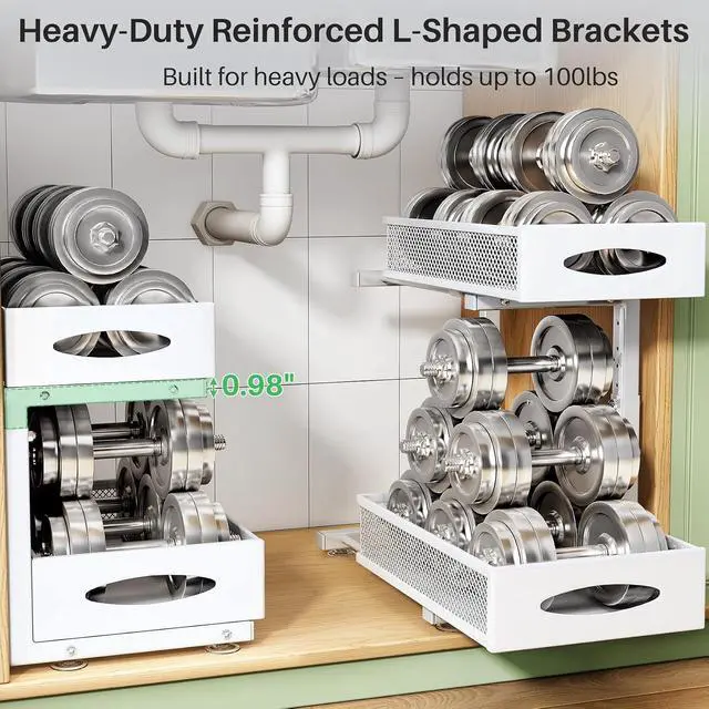 Alt view image 5 of 7 - Under Sink Organizer, 2 Pack 2 Tier Pull out Cabinet Organizer Baskets with Mesh Sliding Drawers, Slide out Sink Storage Shelves for Kitchen, Bathroom, Pantry, Cabinet Organizers and Storage(White)
